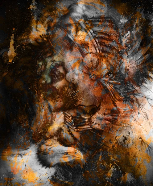 Tigre com águia e indiana ilustração cobertura para a cabeça. animais selvagens no fundo pintura . — Fotografia de Stock