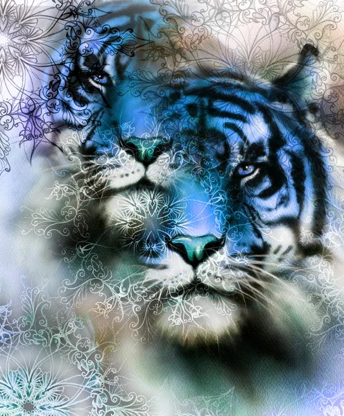 Collage tigre su sfondo astratto colore e mandala con ornamento, pittura animali selvatici. — Foto Stock