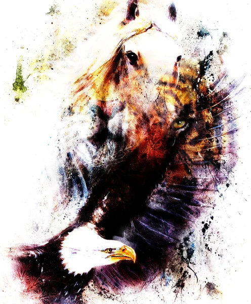 Portrait tiger with eagle.  Color Abstract background, vintage and paper structure. Animal concept, eye contact. — Stock Photo, Image