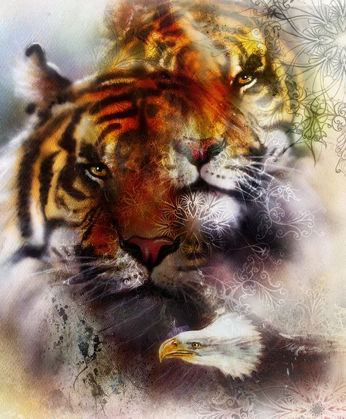 Bela pintura de águia e tigre em um fundo abstrato cor com padrão ornamental, com estruturas exatas — Fotografia de Stock