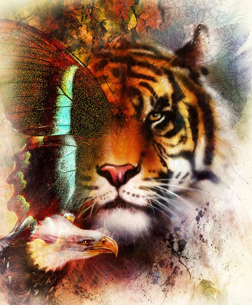 Retrato tigre con alas de águila y mariposa.. Color Fondo abstracto y adorno, estructura vintage. Concepto animal . — Foto de Stock