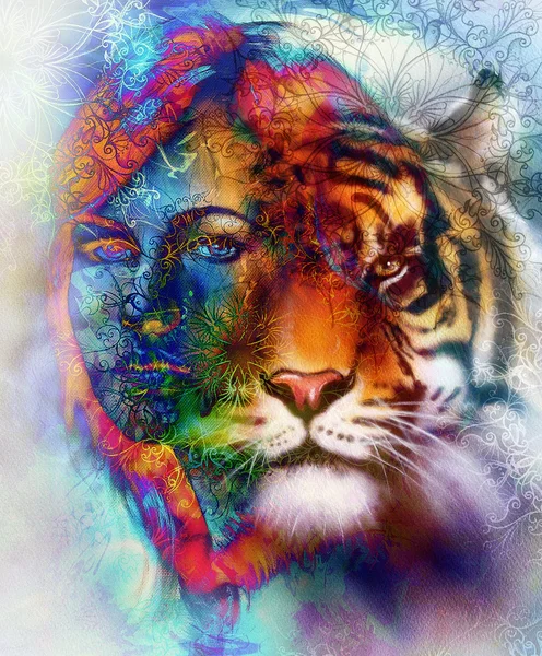 Obraz světlé mocný tygří hlavy na dekorativní pozadí a mystik ženská tvář, počítačové koláže. Modrá, oranžová, zelená, červená, černá a bílá barva. — Stock fotografie