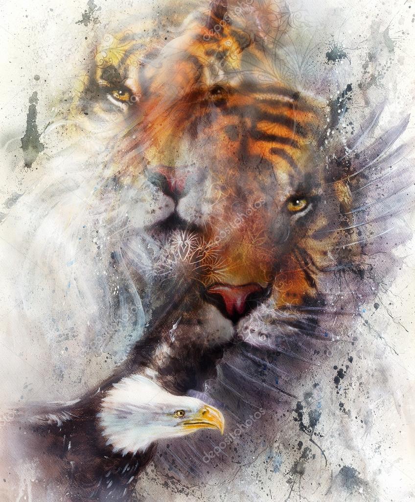 tiger with eagle and ornamental mandala. wildlife animals on painting background, Eye contact.