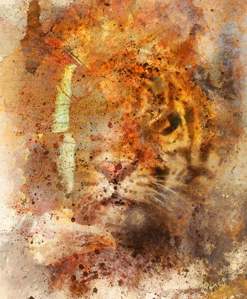 Tigre retrato suave com asas de águia e borboleta.. Cor Fundo abstrato e retro, estrutura de papel velho. Conceito animal . — Fotografia de Stock