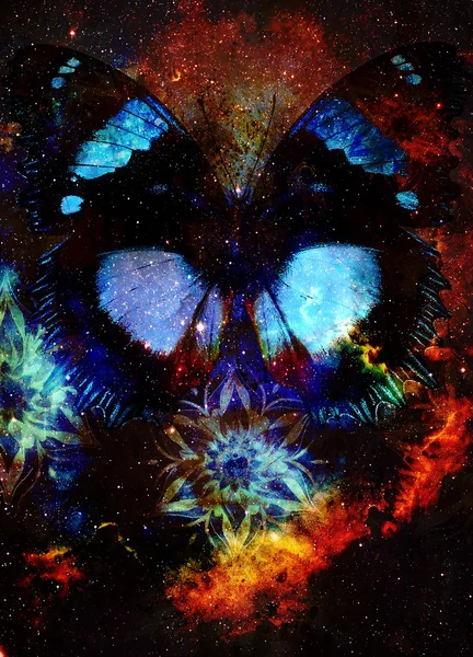 Illustration of a butterfly and mandala in cosmic space. mixed media, abstract color background. — Stock Photo, Image
