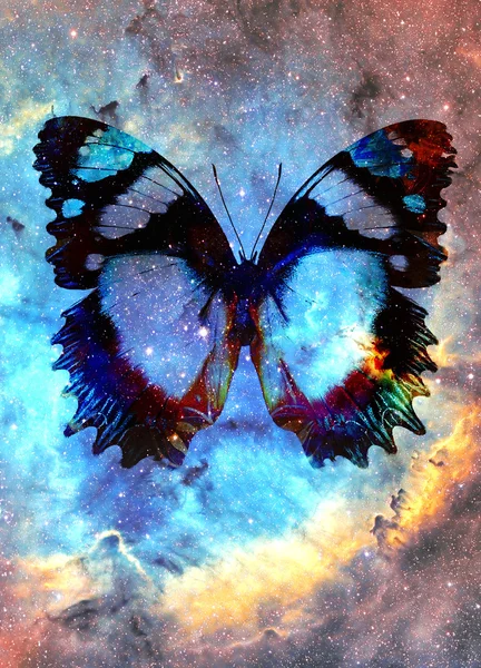 Illustration of a butterfly in cosmic space. mixed media, abstract color background. — Stock Photo, Image