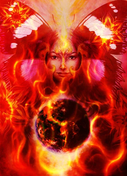 Painting Goddess Woman with bird phoenix on your face  with ornamental mandala and butterfly wings and color abstract background  and eye contact, and fire with desert crackle. — Stockfoto