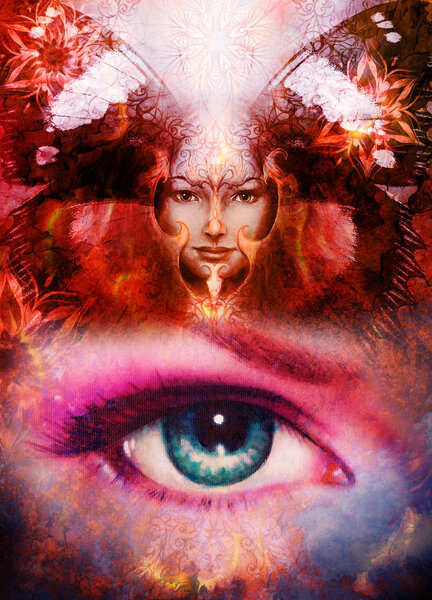Beautiful Painting Goddess Woman with bird phoenix on your face with ornamental mandala and butterfly wings and color abstract background  and eye contact.