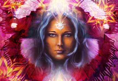 Güzel resim Tanrıça kadın süs mandala ve kelebek kanatları ve renk arka plan ve göz teması ile.