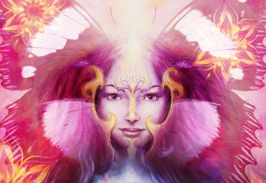 Beautiful Painting Goddess Woman with ornamental mandala and color abstract background  and desert crackle. clipart