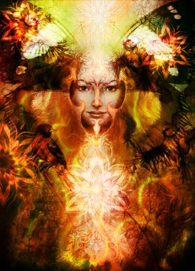 Beautiful Painting Goddess Woman with bird phoenix on your face with ornamental mandala and butterfly wings and color abstract background  and eye contact. Titmouse bird.