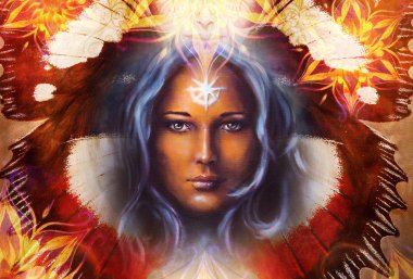 Beautiful Goddness women and color butterfly, mixed media, abstract color background, Golden effect.