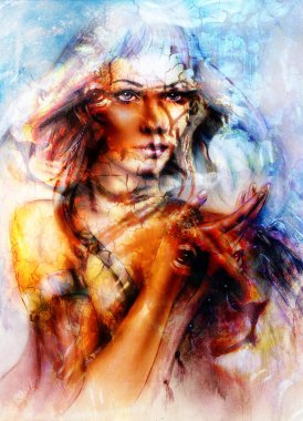 güçlü aslan kafasına süs arka plan ve mistik kadın yüz, bilgisayar kolaj resim.