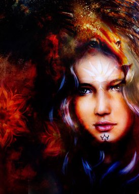 güçlü aslan kafasına süs arka plan ve mistik kadın yüz, bilgisayar kolaj resim.