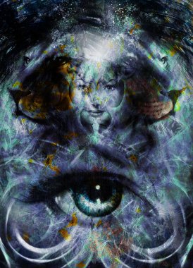 güçlü aslan kafasına süs arka plan ve mistik kadın yüz, bilgisayar kolaj resim.