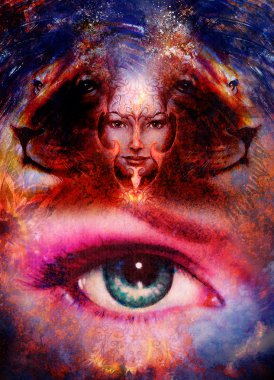 painting mighty lion head on ornamental background and mystic woman face with tattoo phoenix on your face, computer collage.