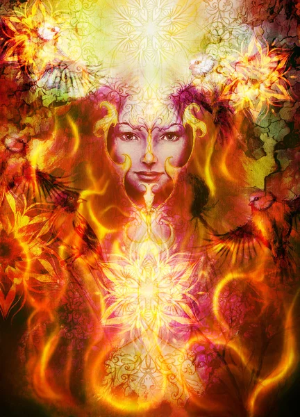 Hermosa Diosa de la Pintura Mujer con mandala ornamental y fondo abstracto de color y pájaro con fuego . —  Fotos de Stock