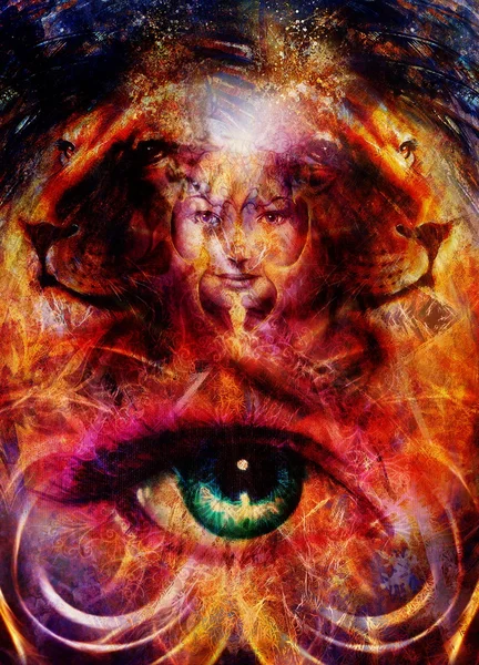 Peinture puissante tête de lion sur fond ornemental et visage de femme mystique, collage informatique . — Photo