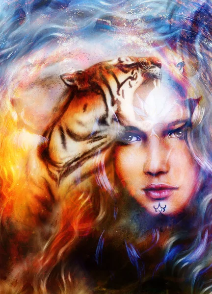 Pittura potente tigre e testa di leone su sfondo ornamentale e viso mistico donna, collage di computer . — Foto Stock