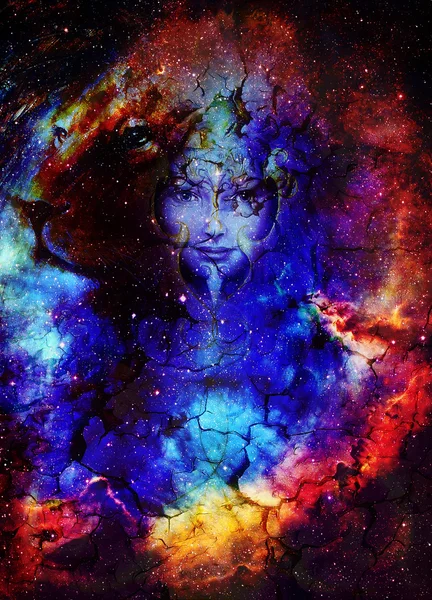 Ἀναλαβοῦσα γυναίκα και το λιοντάρι σε χώρο με galaxi και αστέρια. προφίλ πορτρέτο, επαφή με τα μάτια. — Φωτογραφία Αρχείου