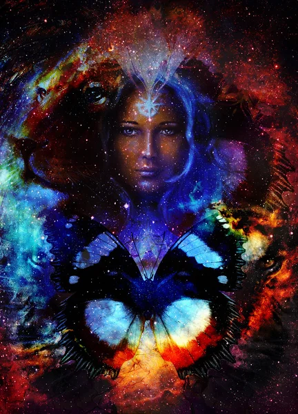 Femme Goodnes et lion et papillon dans l'espace avec galaxies et étoiles. profil portrait, contact visuel . — Photo
