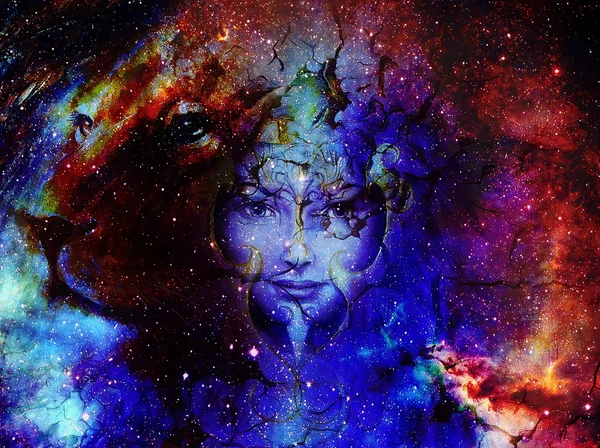 Goodnes wanita dan singa di ruang angkasa dengan galaksi dan bintang-bintang. potret profil, kontak mata . Stok Gambar