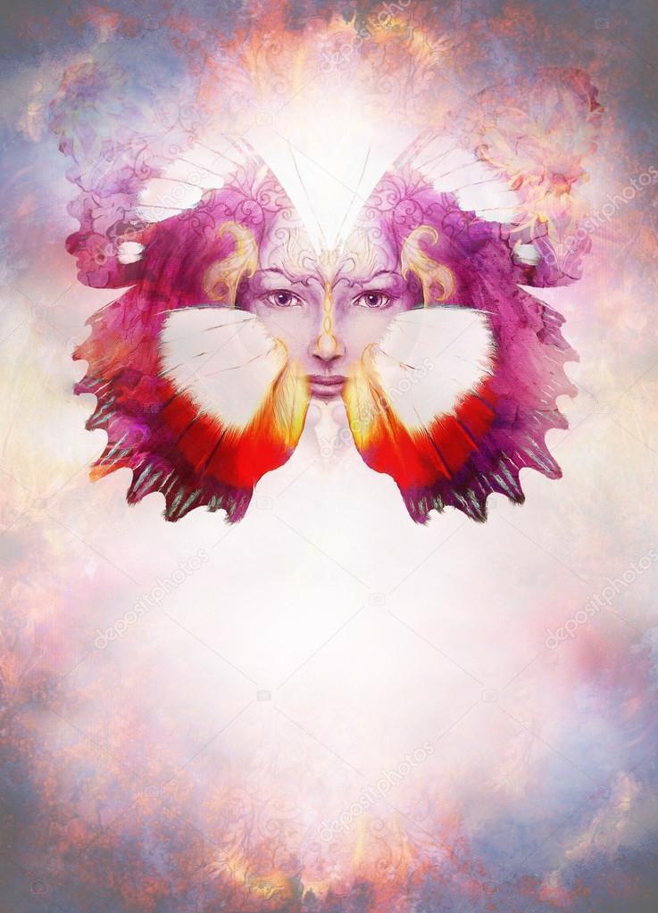 Beautiful Painting Goddess Woman with bird phoenix on your face with ornamental mandala and butterfly wings and color abstract background  and eye contact, copy space.