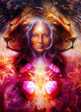 güçlü aslan kafa ve yüz kuş Anka kuşu dövme ile mistik kadın yüz boyama, arka plan süsleme. bilgisayar kolaj.