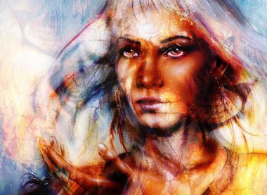 Resim güçlü aslan kafa ve mistik kadın yüz, bilgisayar kolaj