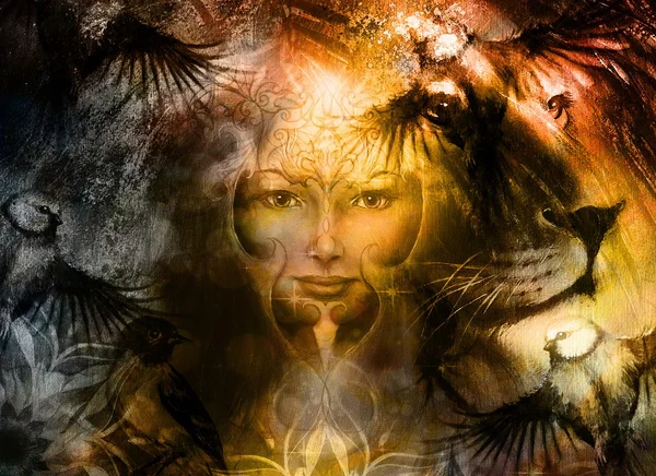 Painting mighty lion head, and mystic woman face with bird phoenix tattoo on face, ornament background. computer collage. — Stock Photo, Image