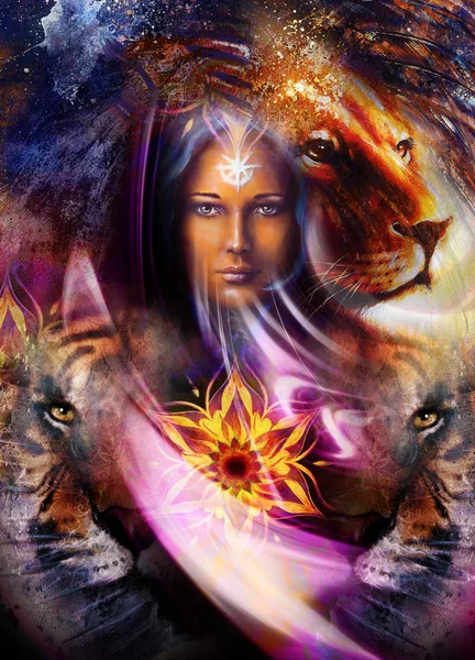 Peinture puissante tête de lion sur fond ornemental et visage de femme mystique, collage informatique . — Photo