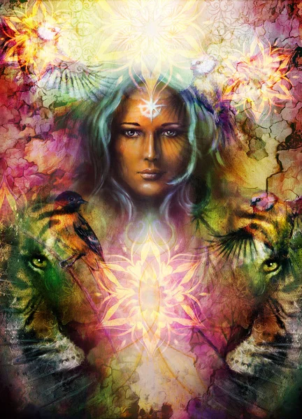 painting mighty  tiger head, and mystic woman with bird, ornament background. computer collage, profile portrait, eye contact.