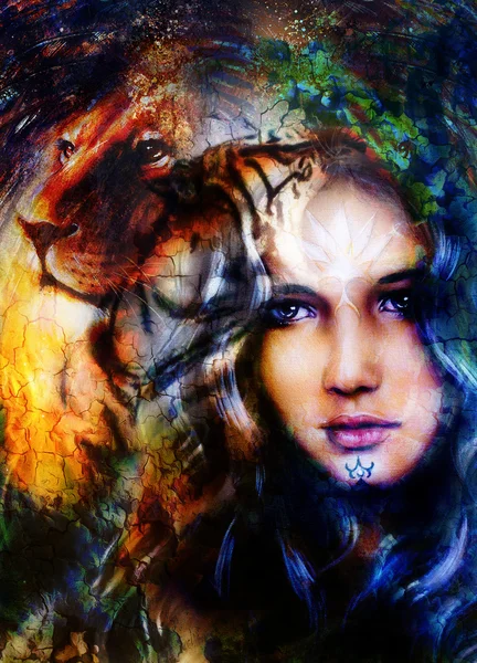 Göttin mit einem Quell aus weißem Licht und Löwenkopf. abstrakter Hintergrund mit Flecken. — Stockfoto