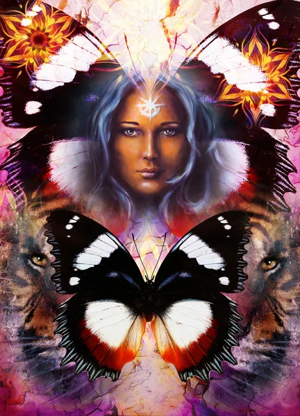 Pintura poderosa cabeza de tigre sobre fondo ornamental y cara de mujer mística con estrella de luz blanca en la cara y la mariposa, collage de computadora . — Foto de Stock
