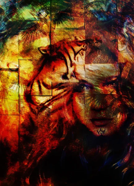 Painting mighty  tiger head and mystic woman face, computer collage. — ストック写真