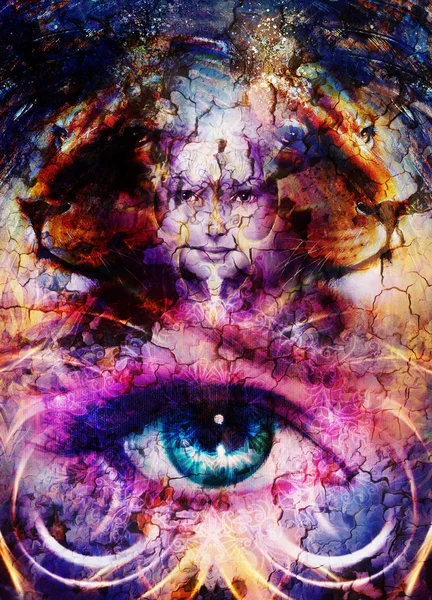 Pintura poderosa cabeza de león sobre fondo ornamental y cara de mujer mística, collage de computadora y ojo de mujer . — Foto de Stock