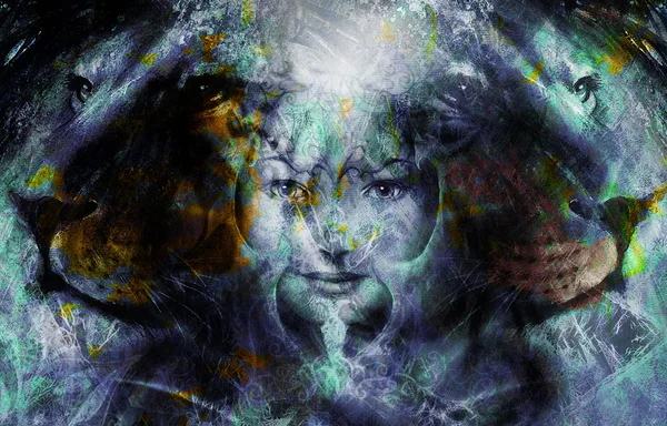 Живопись могучий лев голову на декоративном фоне и мистическое лицо женщины, компьютерный коллаж . — стоковое фото