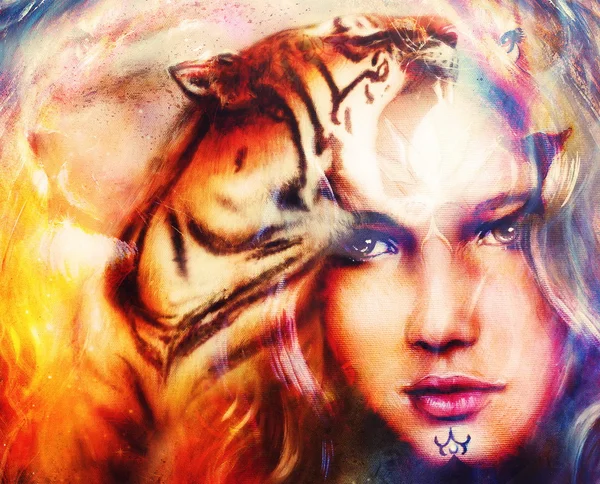 Painting mighty tiger head on ornamental background and mystic woman face, computer collage. — Stock Photo, Image