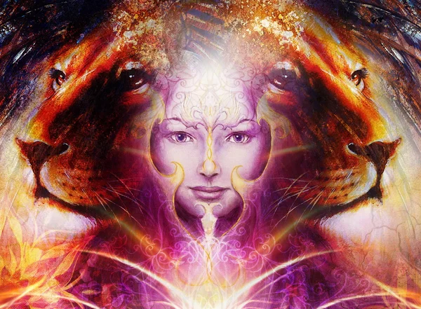 Obraz mocného lva, hlavy a obličeje mystic žena s phoenix tetování na obličeji, ornament pozadí. počítačové koláže. — Stock fotografie