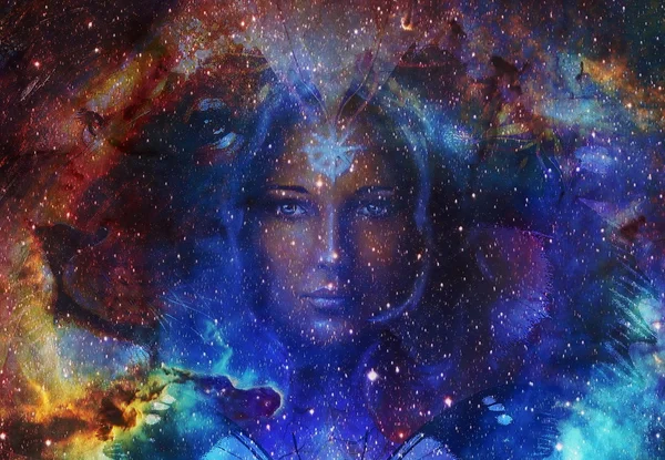 Beautiful Painting Goddess Woman and  Color space background with stars. — Stock Photo, Image