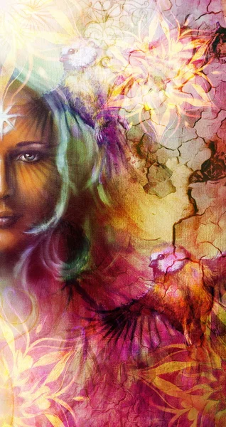 Beautiful Painting Goddess Woman with ornamental mandala and color abstract background  and bird. — Stock Photo, Image