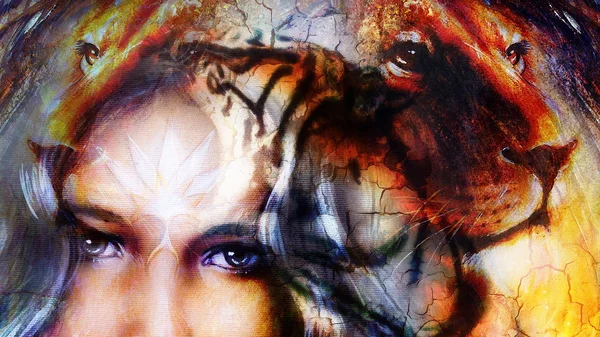 Painting mighty lion head on ornamental background and mystic woman face, computer collage. — Stock Photo, Image