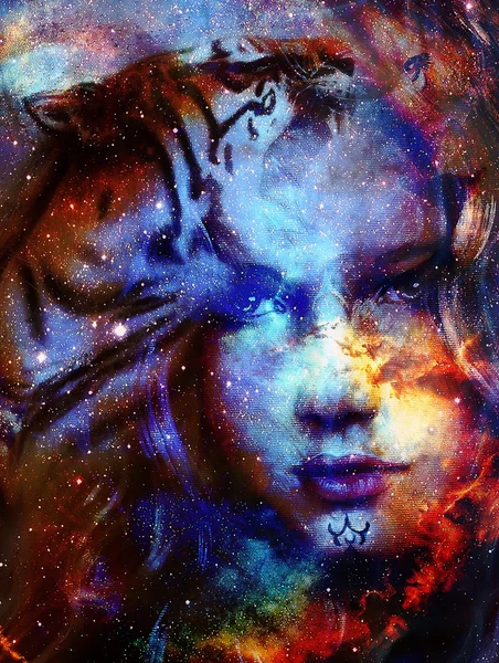 Goodnes woman and tiger in space with galaxi and stars. profile portrait, eye contact. — стокове фото