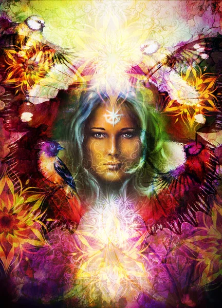 Beautiful Painting Goddess Woman with bird and ornamental mandala and butterfly wings and color abstract background  and eye contact. — Zdjęcie stockowe