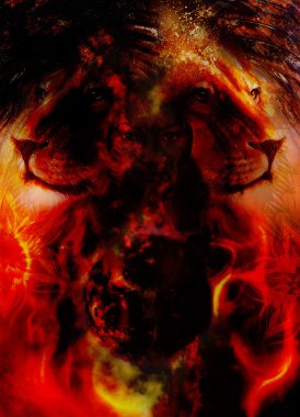 güçlü aslan kafasına süs arka plan ve mistik kadın yüzü, bilgisayar kolaj resim, yangın etkisi.