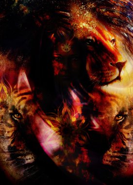 portre aslan ve kaplan yüz, renkli soyut tüy arka plan üzerinde profil portre. Noktalar ile renk kolaj..