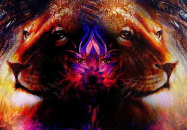 güçlü aslan kafasına süs arka plan ve mistik kadın gözleri, bilgisayar kolaj resim.