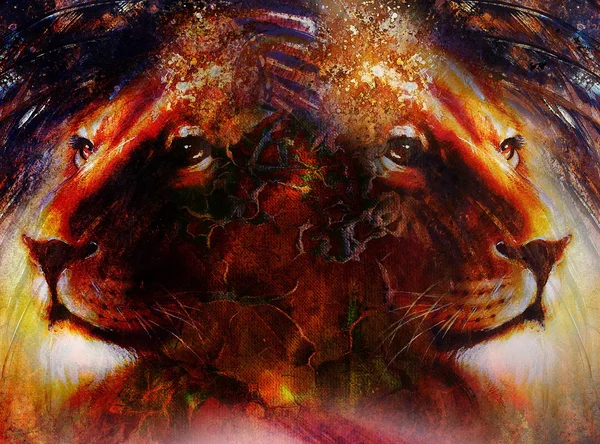 Retrato cara de león, retrato de perfil, sobre fondo de patrón de plumas abstracto colorido. collage de color abstracto con manchas — Foto de Stock