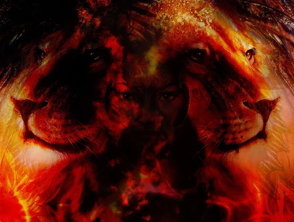 Painting mighty lion head on ornamental background and mystic woman face, computer collage, fire effect. — Stock Photo, Image