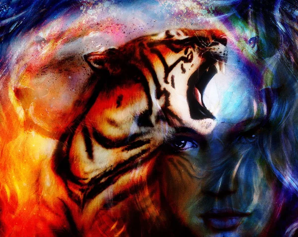 Pintura poderosa cabeza de tigre sobre fondo ornamental y cara de mujer mística, collage de computadora . — Foto de Stock